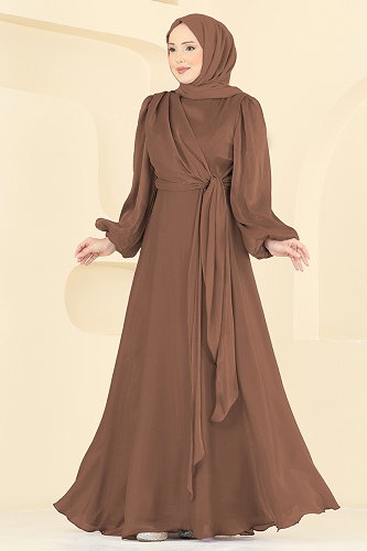 moda selvim Kuşak Detaylı Şık Abiye 6219BSK463 Sütlü Kahve - Thumbnail