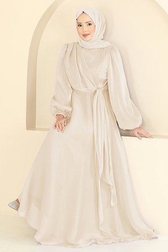moda selvim Kuşak Detaylı Şık Abiye 6219BSK463 Taş - Thumbnail