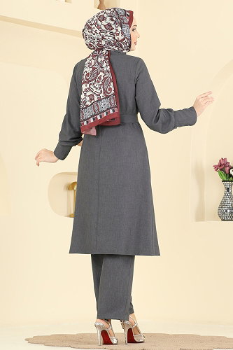 moda selvim Kuşak Detaylı Sofia Takım 2836SLK540 Antrasit - Thumbnail