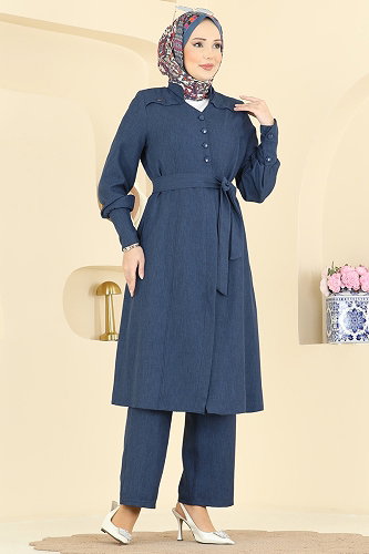 moda selvim Kuşak Detaylı Sofia Takım 2836SLK540 İndigo - Thumbnail