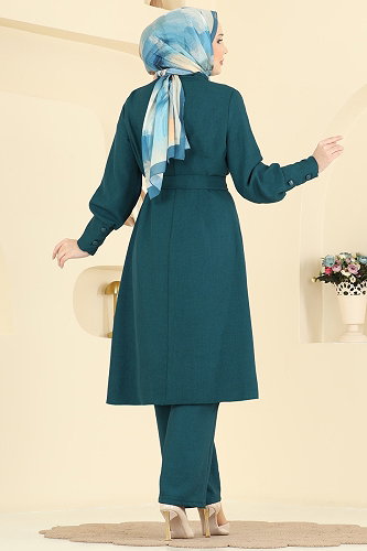 moda selvim Kuşak Detaylı Sofia Takım 2836SLK540 Petrol - Thumbnail