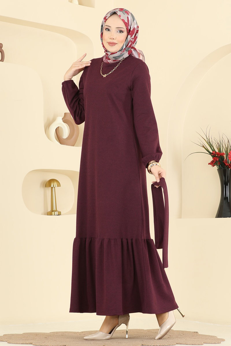 Kuşak Detaylı Tivit Elbise 702PM271 Bordo