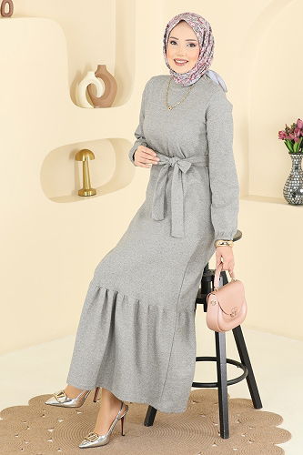 moda selvim Kuşak Detaylı Tivit Elbise 702PM271 Gri - Thumbnail