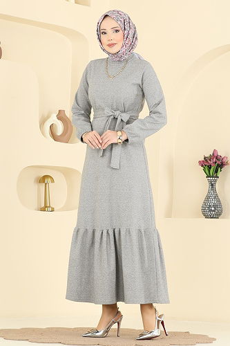 moda selvim Kuşak Detaylı Tivit Elbise 702PM271 Gri - Thumbnail