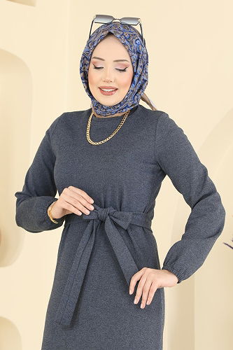 moda selvim Kuşak Detaylı Tivit Elbise 702PM271 Laci - Thumbnail