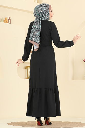 moda selvim Kuşak Detaylı Tivit Elbise 702PM271 Siyah - Thumbnail