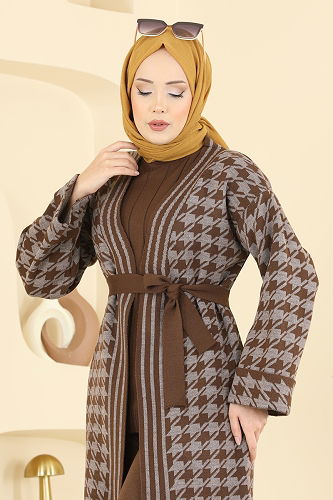 moda selvim Kuşak Detaylı Üçlü Takım 2893KLB1050 Açık Kahve - Thumbnail