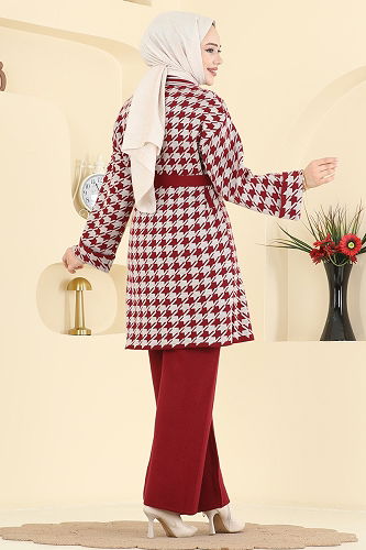 moda selvim Kuşak Detaylı Üçlü Takım 2893KLB1050 Bordo - Thumbnail