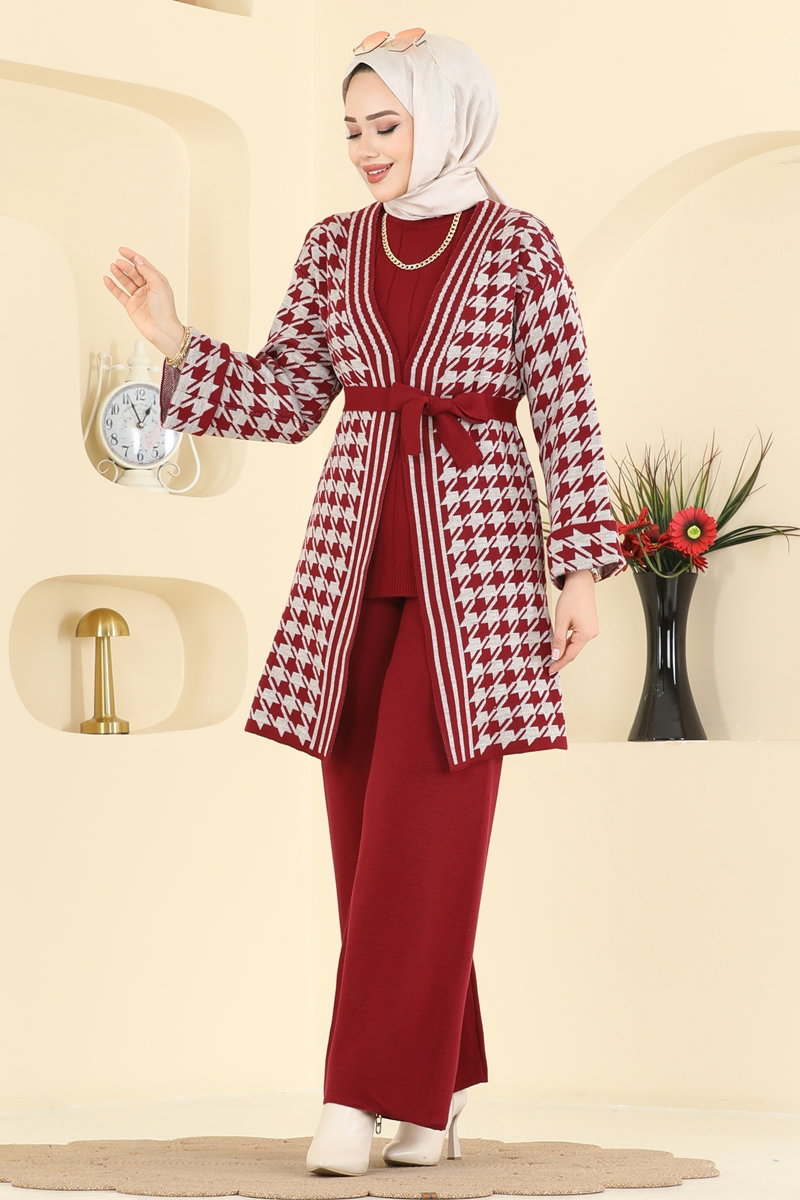 Kuşak Detaylı Üçlü Takım 2893KLB1050 Bordo