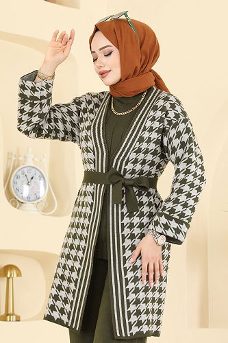 moda selvim Kuşak Detaylı Üçlü Takım 2893KLB1050 Haki - Thumbnail