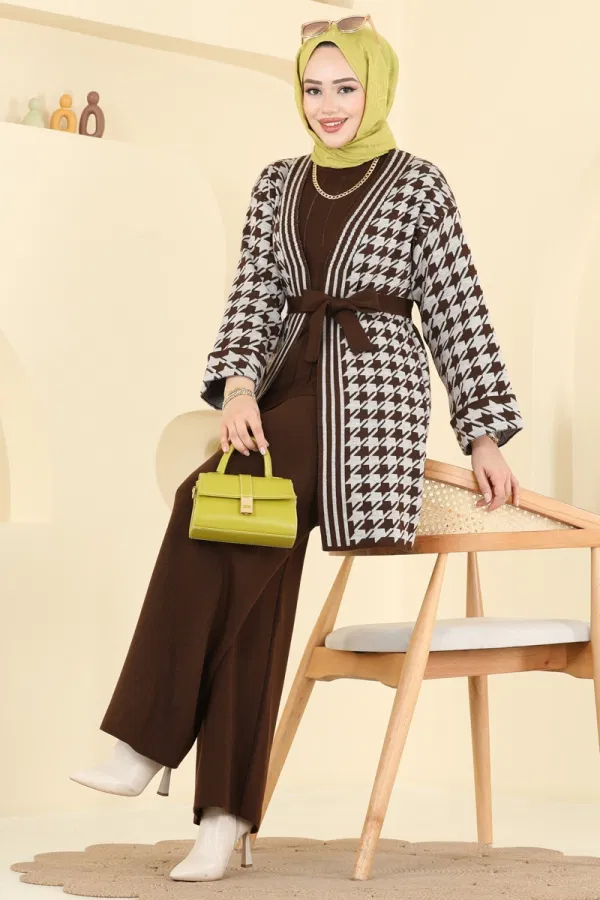 Modaselvim Kombin Kuşak Detaylı Üçlü Takım 2893KLB1050 Kahve