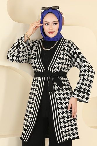 moda selvim Kuşak Detaylı Üçlü Takım 2893KLB1050 Siyah - Thumbnail