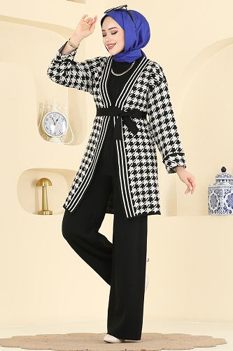 moda selvim Kuşak Detaylı Üçlü Takım 2893KLB1050 Siyah - Thumbnail