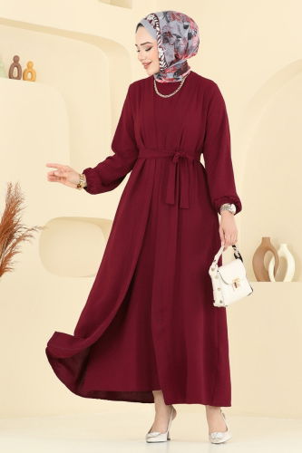 moda selvim Kuşaklı Abaya Elbise Takım 0336BG354 Açık Bordo - Thumbnail
