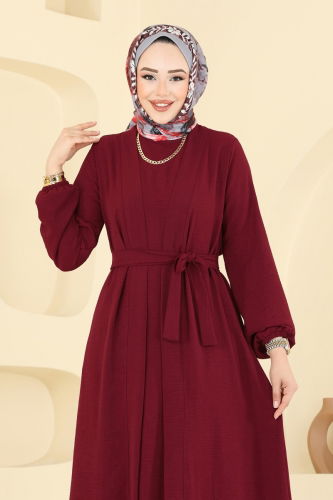 moda selvim Kuşaklı Abaya Elbise Takım 0336BG354 Açık Bordo - Thumbnail
