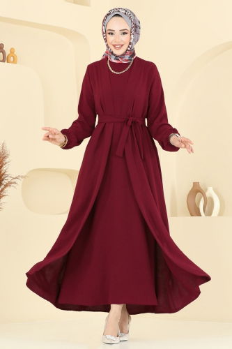 moda selvim Kuşaklı Abaya Elbise Takım 0336BG354 Açık Bordo - Thumbnail