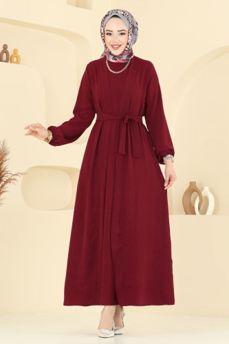 moda selvim Kuşaklı Abaya Elbise Takım 0336BG354 Açık Bordo - Thumbnail