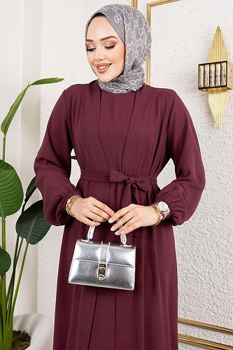moda selvim Kuşaklı Abaya Elbise Takım 0336BG354 Bordo - Thumbnail