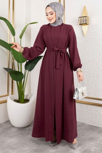 B.G.S. - Kuşaklı Abaya Elbise Takım 0336BG354 Bordo