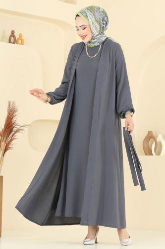 moda selvim Kuşaklı Abaya Elbise Takım 0336BG354 Füme - Thumbnail