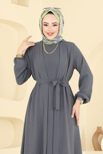moda selvim Kuşaklı Abaya Elbise Takım 0336BG354 Füme - Thumbnail