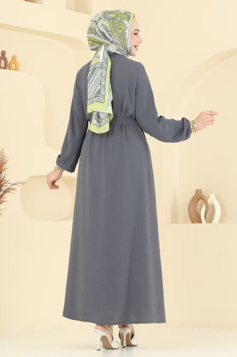 moda selvim Kuşaklı Abaya Elbise Takım 0336BG354 Füme - Thumbnail