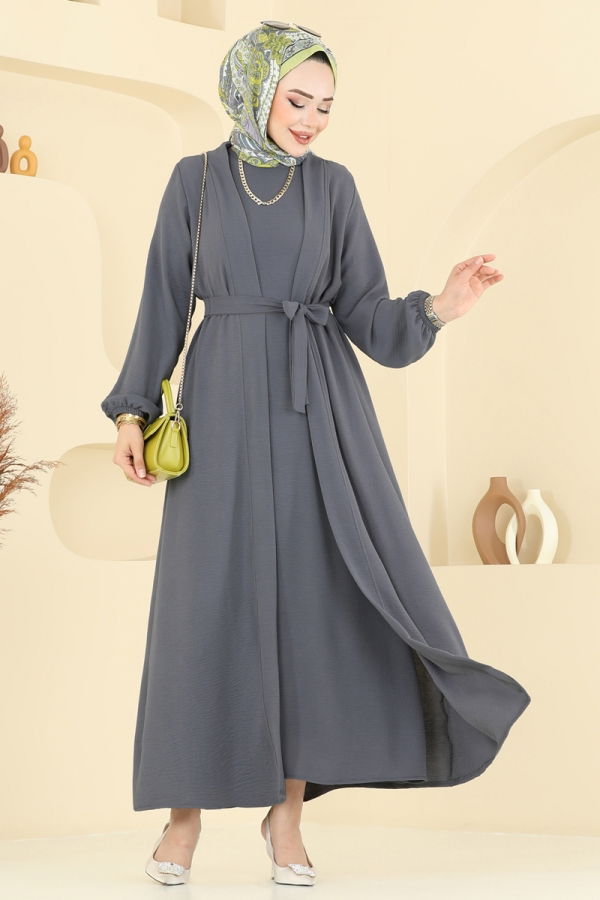 Modaselvim Elbise Kuşaklı Abaya Elbise Takım 0336BG354 Füme