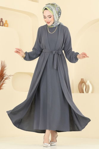 moda selvim Kuşaklı Abaya Elbise Takım 0336BG354 Füme - Thumbnail