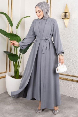 moda selvim Kuşaklı Abaya Elbise Takım 0336BG354 Gri - Thumbnail