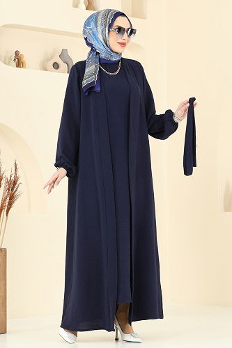 moda selvim Kuşaklı Abaya Elbise Takım 0336BG354 Koyu Laci - Thumbnail