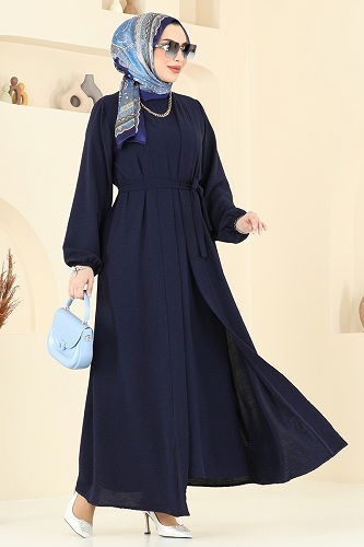 moda selvim Kuşaklı Abaya Elbise Takım 0336BG354 Koyu Laci - Thumbnail