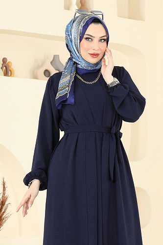 moda selvim Kuşaklı Abaya Elbise Takım 0336BG354 Koyu Laci - Thumbnail