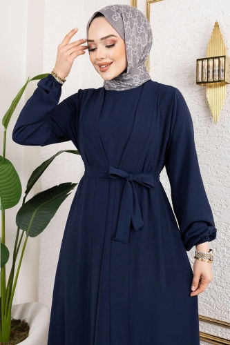 moda selvim Kuşaklı Abaya Elbise Takım 0336BG354 Laci - Thumbnail