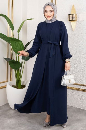 moda selvim Kuşaklı Abaya Elbise Takım 0336BG354 Laci - Thumbnail