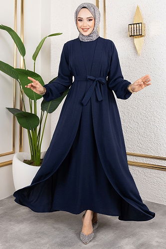 moda selvim Kuşaklı Abaya Elbise Takım 0336BG354 Laci - Thumbnail