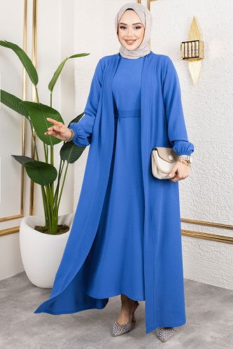 moda selvim Kuşaklı Abaya Elbise Takım 0336BG354 Mavi - Thumbnail