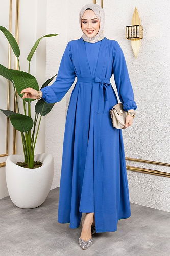 moda selvim Kuşaklı Abaya Elbise Takım 0336BG354 Mavi - Thumbnail