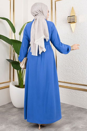 moda selvim Kuşaklı Abaya Elbise Takım 0336BG354 Mavi - Thumbnail