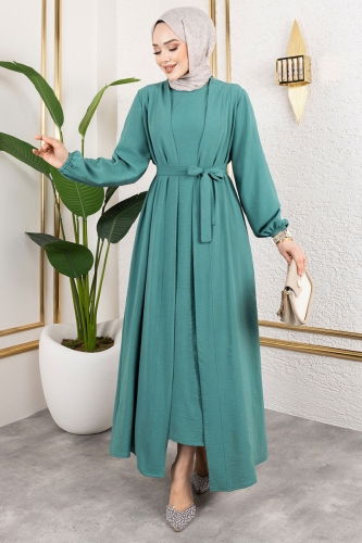 moda selvim Kuşaklı Abaya Elbise Takım 0336BG354 Mint - Thumbnail