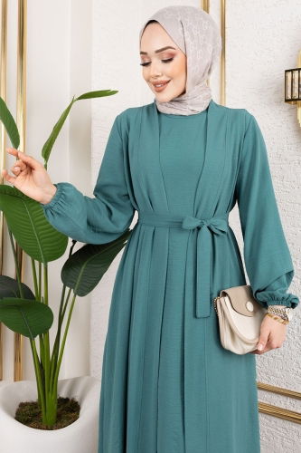 moda selvim Kuşaklı Abaya Elbise Takım 0336BG354 Mint - Thumbnail