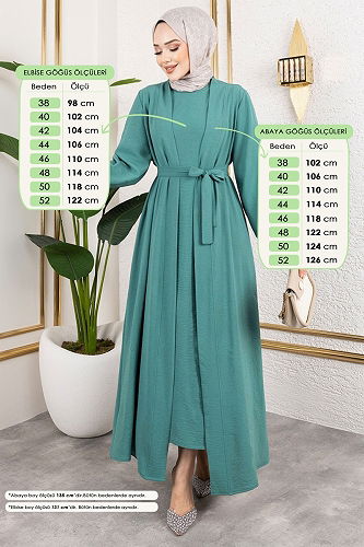 moda selvim Kuşaklı Abaya Elbise Takım 0336BG354 Mint - Thumbnail