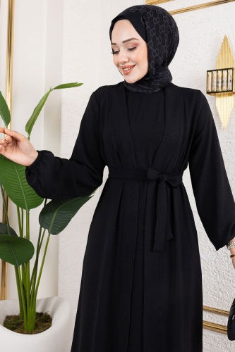 moda selvim Kuşaklı Abaya Elbise Takım 0336BG354 Siyah - Thumbnail