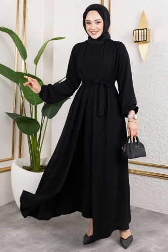 moda selvim Kuşaklı Abaya Elbise Takım 0336BG354 Siyah - Thumbnail