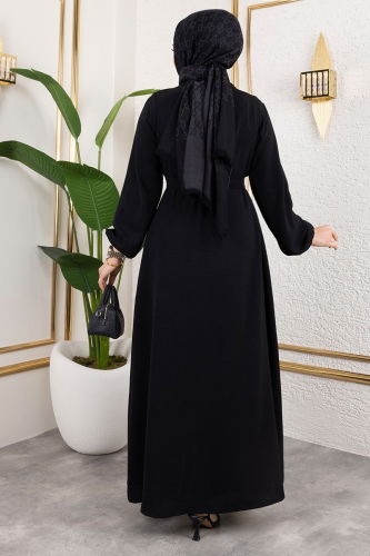 moda selvim Kuşaklı Abaya Elbise Takım 0336BG354 Siyah - Thumbnail