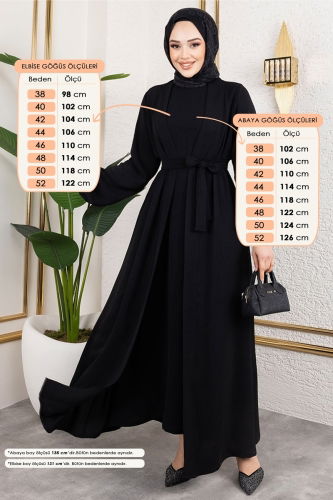 moda selvim Kuşaklı Abaya Elbise Takım 0336BG354 Siyah - Thumbnail