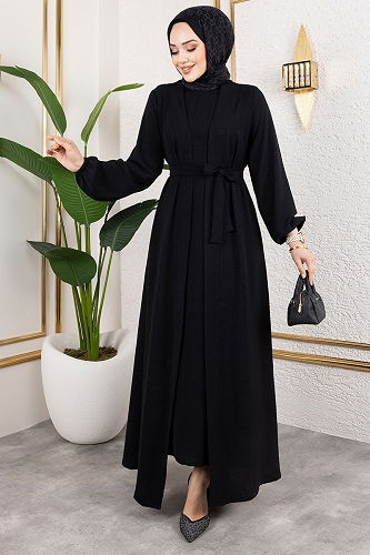 moda selvim Kuşaklı Abaya Elbise Takım 0336BG354 Siyah - Thumbnail