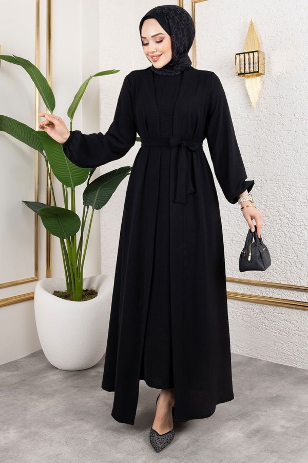 Modaselvim Elbise Kuşaklı Abaya Elbise Takım 0336BG354 Siyah