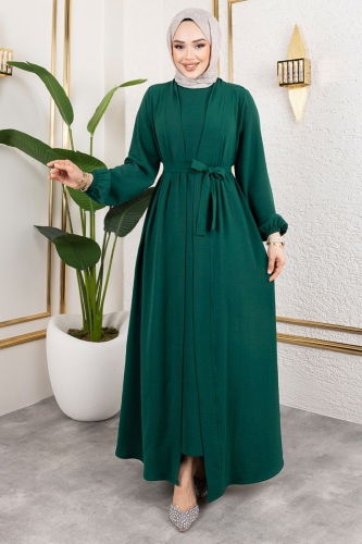 moda selvim Kuşaklı Abaya Elbise Takım 0336BG354 Zümrüt - Thumbnail