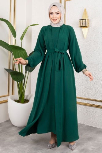 moda selvim Kuşaklı Abaya Elbise Takım 0336BG354 Zümrüt - Thumbnail