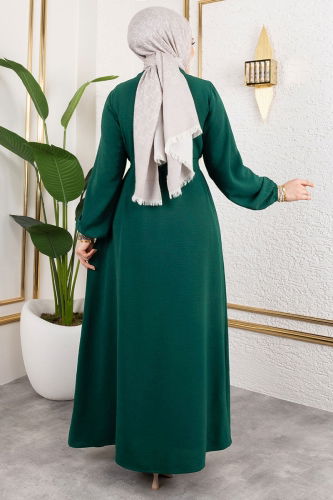 moda selvim Kuşaklı Abaya Elbise Takım 0336BG354 Zümrüt - Thumbnail